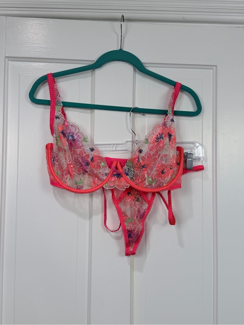 For Love And Lemons Neon Coral Floral Lace Underwire Bra & Thong